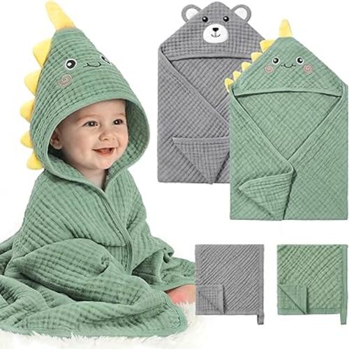 CandyHome 4 Pack Muslin Baby Towels for Newborn Set, 100% Cotton 2 Hooded Baby Bath Towels 32x32" with 2 Washcloths 10x10", Super Soft Absorbent Infant Toddler Bath Essentials Gifts, Dinosaur & Bear