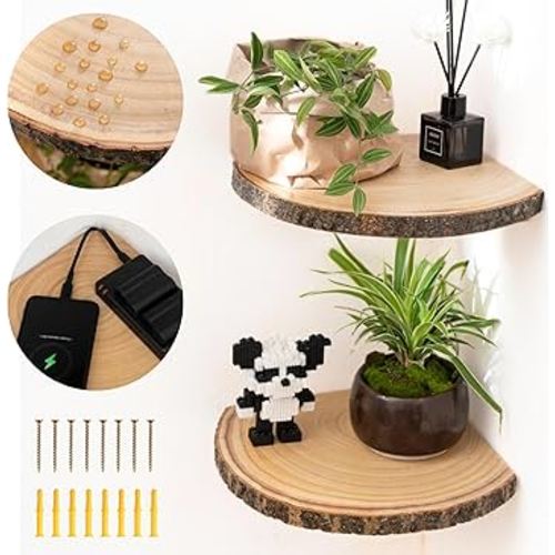 Live Edge Corner Shelves, Corner Floating Shelf, Solid Paulownia Wood Slices with Bark Decorations Style, Wall Mount Display Shelf with Wire Hole for Bedroom, Kitchen, Living Room (Set of 2)