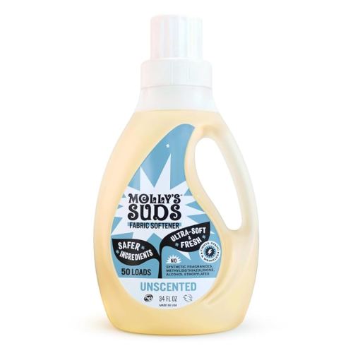 Molly’s Suds Fabric Softener Liquid for Sensitive Skin | Vinegar-Powered, Infused with Essential Oils | Fights Static, Reduces Wrinkles, Deodorizes | Unscented, 50 Loads