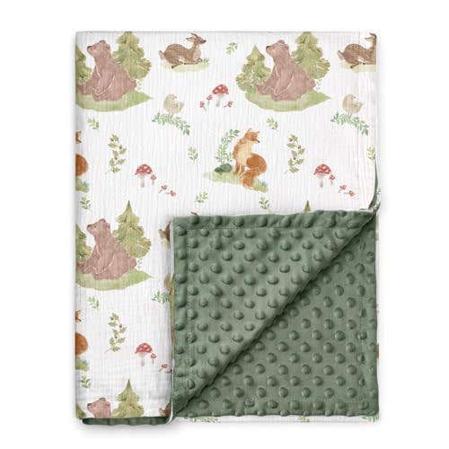 GLLQUEN BABY Blankets for Unisex Newborn Super Soft Nursery Minky Blankets with Muslin Cotton Front and Dotted Fleece Backing, Forest Stories, 30 x 40 inches