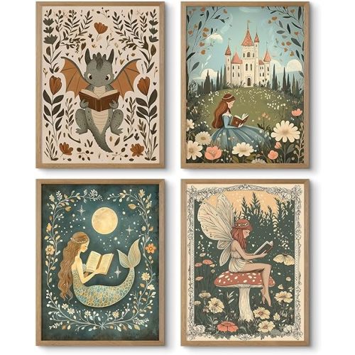Nursery Fairy Dragon Wall Art Baby Room Reading Book Wall Decor Vintage Girl Dinosaur Canvas Prints Boy Whimsical Fantasy Poster Fairytale Princess Pictures Painting for Bedroom 8x10x4 Inch Unframed