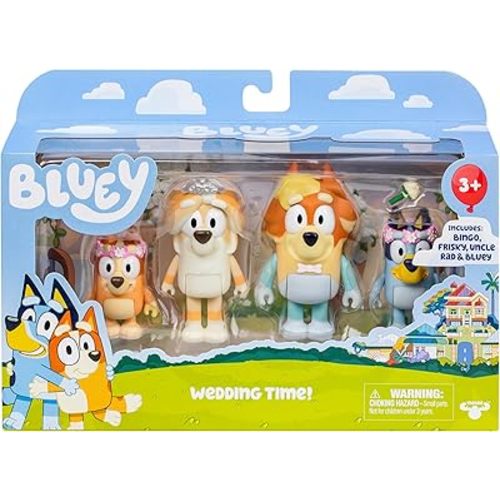 Bluey Wedding Figures Pack of 4, Articulated Character Toys with Uncle Rad, Frisky, and Flower Bingo Figurines, Action Figures for Kids Ages 3+