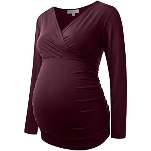 Maternity Shirt Long Sleeve Top Wrap V Neck Blouse Cross Over Nursing Tshirt