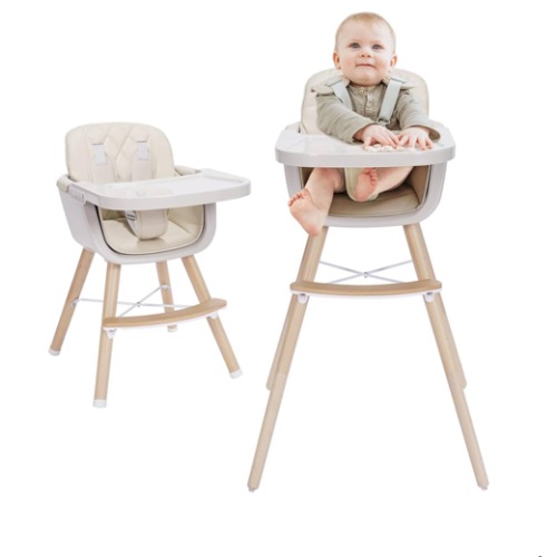 Mallify 3-in-1 Convertible Wooden High Chair, High Chairs for Babies and Toddlers, Baby High Chair with Adjustable Legs & Dishwasher Safe Tray, Made of Sleek Hardwood & Premium Leatherette, Beige