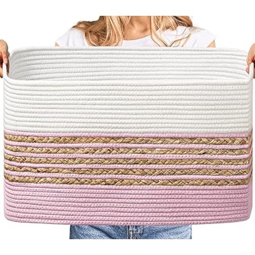 UBBCARE Blanket Basket, Large Rectangle Woven Storage Basket With Handles, Cotton Rope Toy Basket for Living Room, Nursery Baskets for Organizing, 22''L×17''W×12''H, Pink