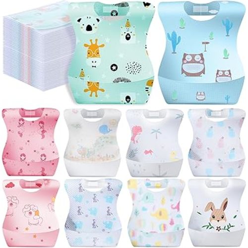 100/200 Pcs Disposable Baby Bibs Bulk Travel Feeding Bib Soft Food Catcher Pocket for Toddlers Girls Boys