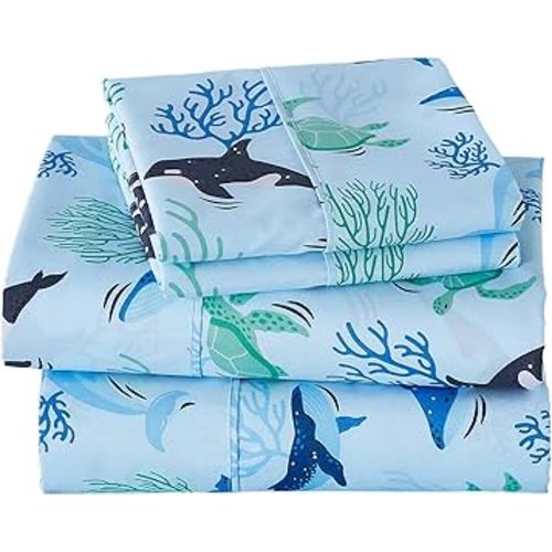 Viviland 4 Pieces Boys Blue Ocean Full Sheet Set - Soft Microfiber Fitted Flat Sheets & Pillowcases - Blue Ocean Whales, Sea Turtles, Marine Organisms Bedding Sets - for Kids & Toddlers