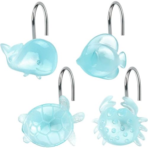 Glow in The Dark Sea Life Shower Hooks 12 Pcs Funny Ocean Animal Bathroom Décor (Whale, Crab, Turtle, Clownfish), Stainless Steel S-Hooks & Glowing Resin, Blue Underwater Theme Kids Bathroom Decor