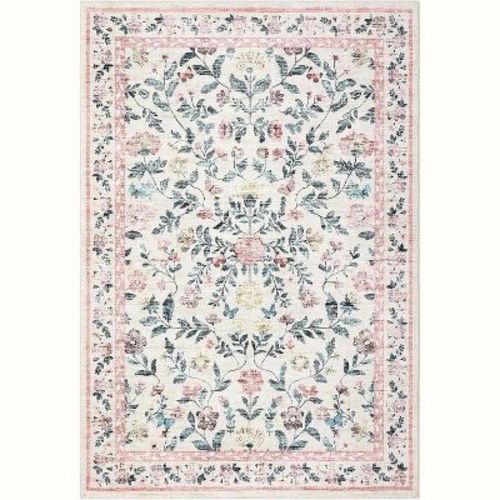 9*12FT Pastoral Meadow Low Pile Indoor Rug – Soft, Easy-Clean & Stain-Resistant Thin Carpet for Living Room, Bedroom & Kitchen-Pink