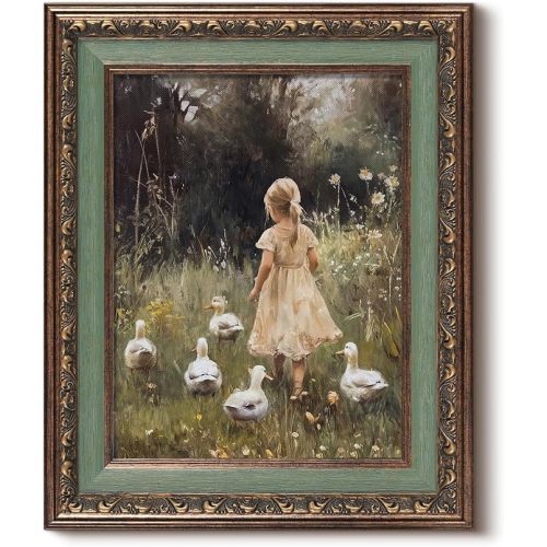 HUARCEY Vintage Girl Walking with Ducks Easter Wall Art Texture Relief Gold Framed, Farmhouse Goose Canvas Print, Countryside Pastoral Landscape Decor for Living Room Bedroom Nursery Office 13×16"