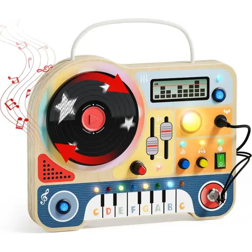 TOP BRIGHT Montessori Busy Board for Toddlers 3-5, Wooden Sensory Toys with Music and LED Lights, Portable Activity Board for Travel Educational Toys, Birthday Gift for 3 4 5 Year Old Boys & Girls