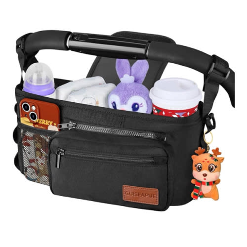 Guiseapue Universal Stroller Organizer with Cup Holder: Baby Essentials, Stroller Caddy Accessories with Detachable Phone Bag, Non-Slip Straps, Fits for Uppababy, Baby Jogger, New Moms Baby Gifts