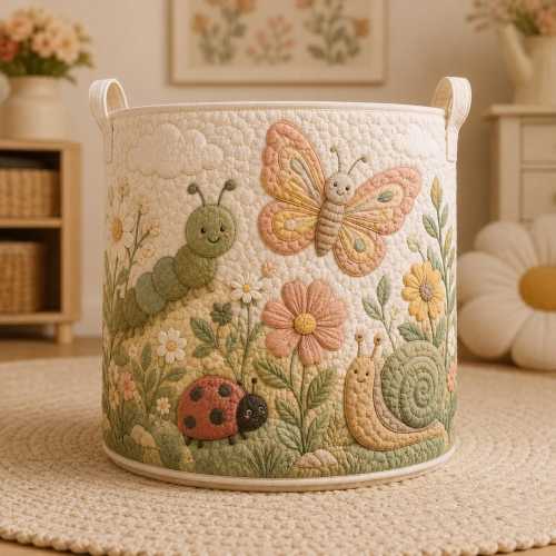 Garden Bug Nursery Storage Basket, Butterfly Ladybug Snail Toy Bin, Baby Girl Birthday Gift, Floral Kids Room Decor