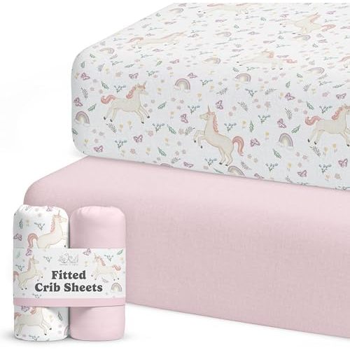 Sorrel + Fern Baby Crib Sheets Neutral, Fitted 2-Pack (Unicorn Blossom)