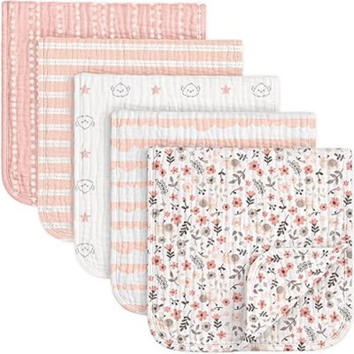 KeaBabies Organic Muslin Burp Cloths Baby Boy, Girl – 5-Pack 100% Cotton Muslin Burping Cloths for Babies, Newborn, 21x10 Large & Absorbent Spit Up Rags, Baby Washcloth, Infant Towels (Sweet Charm)