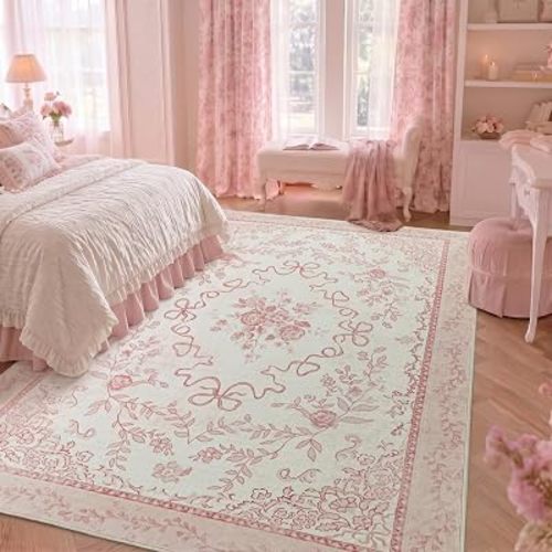 Pink Vintage Floral Area Rug 6x9 for Bedroom, Washable Cute Bow Cottage Core French Country Rose Shabby Chic Rug for Living Room Aesthetic Decor, Blush