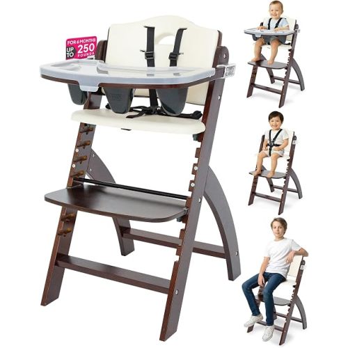 Abiie Beyond Junior Wooden High Chair for Babies and Toddlers - Convertible 3-in-1 Baby Highchair with Removable Tray - 6 Months to 250 Lb - Water Resistant - Mahogany Wood/White Cushion
