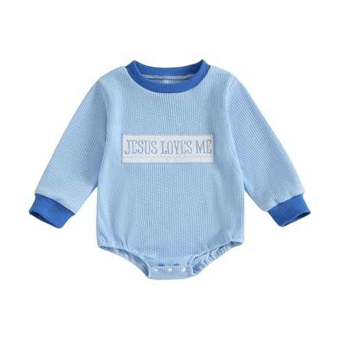 Newborn Baby Boy Clothes Jesus Loves Me Sweatshirt Romper Waffle Knit Long Sleeve Bodysuit Christian Baptism Outfit