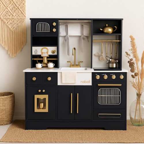 Modern Black & White Wooden Play Kitchen: Pretend Cooking Set