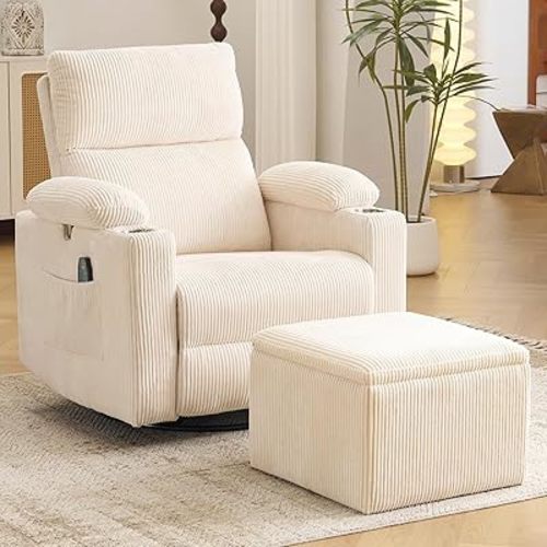 Rocking Chair Nursery with Adjustable Armrests, Electric Glider Recliner Nursing Chair for Breastfeeding with Ottoman, Power Swivel Recliner Chairs with Massage and Heat, Corduroy Beige