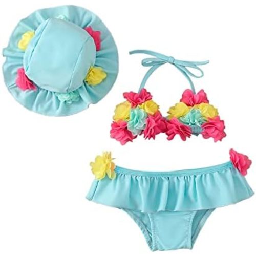 Yccutest Infant Baby Girl Flower Swimsuit 3Pcs Halter Triangle Tops Ruffle Bottoms Sun Hat Bikini Set Bathing Suit Swimwear