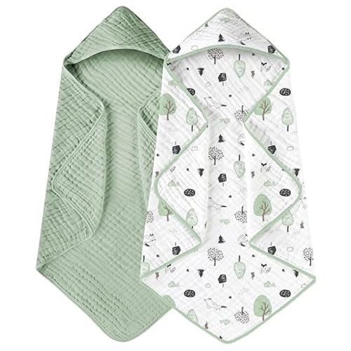 Yoofoss Hooded Baby Towels for Newborn 2 Pack 100% Muslin Organic Cotton Baby Bath Towel with Hood for Babies, Infant, Toddler and Kids, 32x32Inch, Soft and Absorbent Newborn Essential, Beige&Coffee