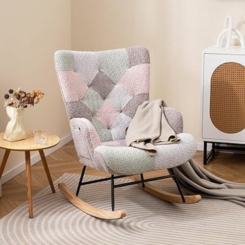 Giantex Rocking Chair Nursery, Boucle Upholstered Glider Rocker w/Ergonomic High Backrest, Rubber Wood Legs & Side Pocket, Patchwork Modern Accent Chair for Bedroom, Living Room, Offices