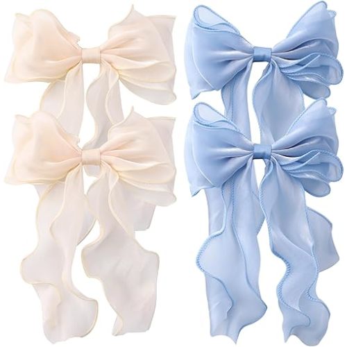 4PCS Big Ribbon Hair Bows, Oversized Long-tail Hair Clips, Large Hair Barrettes, for Women and Girls Hair Styling Accessories, Champagne and Blue