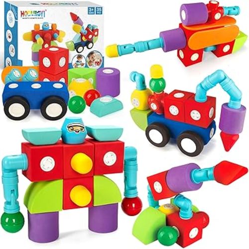 35 PCS Magnetic Foam Blocks for Kids, Large Magnetic Building Blocks for Toddlers 3+, Kids Bath Toys and Preschool STEM Educational Toys, Birthday for Boys & Girls 3 4 5 6+ Years Old