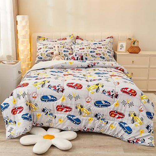 Full Size Comforter Sets for Boys Kids, 8 Pieces Bed in a Bag Racing Car Bedding Comforter Sheet Set with Shams and Decorative Toy Pillow, Ultral Soft Microfiber Kids Bed Set