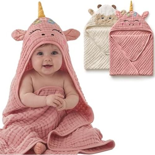 Blissful Diary Muslin Baby Hooded Towel 2 Pack, Soft & Absorbent Bath Towel for Infant, Toddler, Unisex, Baby Gift, Newborn Essentials, Unicorn & Lamb