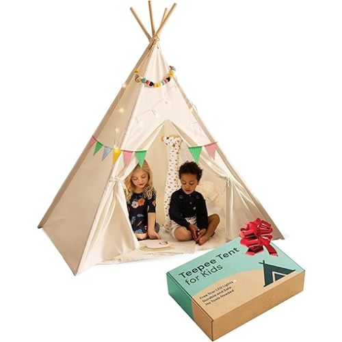 PLAYVIBE Teepee Tent for Kids - Castle Theme Indoor & Outdoor Playhouse with LED Star Lights - Halloween Party Tent, Cozy Fall Decor & Toddler Toy Fort