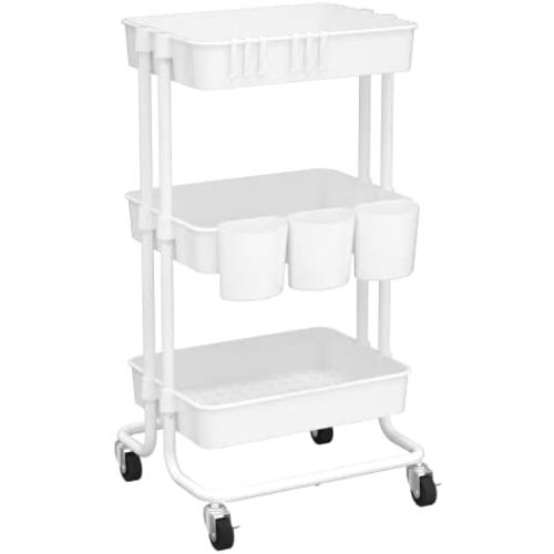 CAXXA 3-Tier Rolling Storage Organizer with 3 Small Baskets - Mobile Utility Cart with Caster Wheels (White)