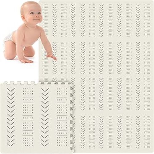 Tinideya 12 Tiles Baby Play Mats 6ft x 8ft Cream Color Puzzle Floor Mat Toddlers Waterproof Crawling Mat for Tummy Time, Crawling & Playroom