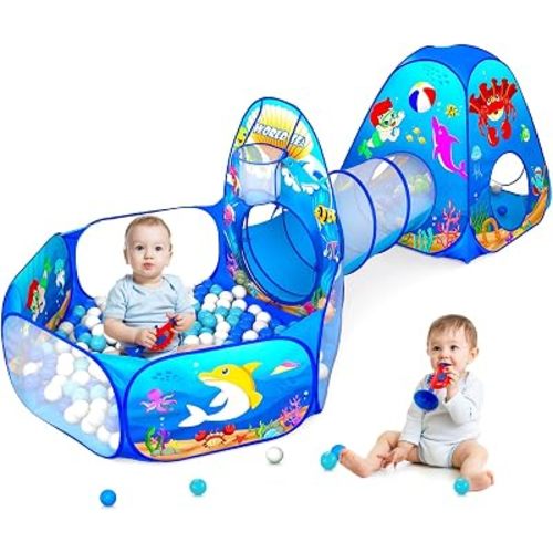 PigPigPen 3 in 1 Kids Play Tent with Play Tunnel, Ball Pit, Basketball Hoop for Boys & Girls, Toddler Pop Up Playhouse Toy for Baby Indoor/Outdoor, Gift for Year Old Child (Ocean 3pc Play Tent)