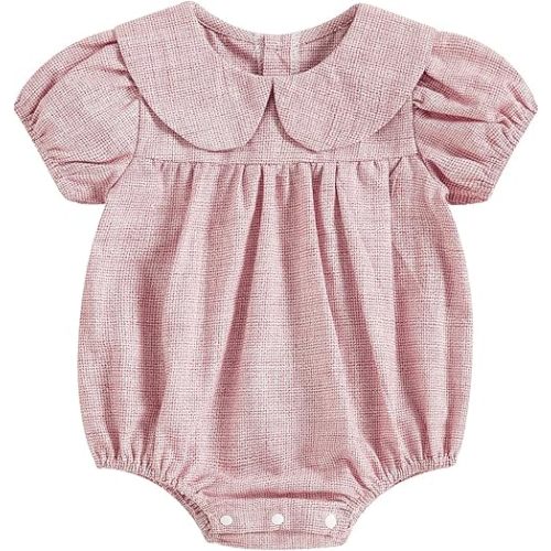 Baby Girl Summer Outfit Plaid Print Peter Pan Collar Short Sleeve Bubble Romper Gingham Bodysuit Infant Spring Clothes (Pink, 3-6 Months)