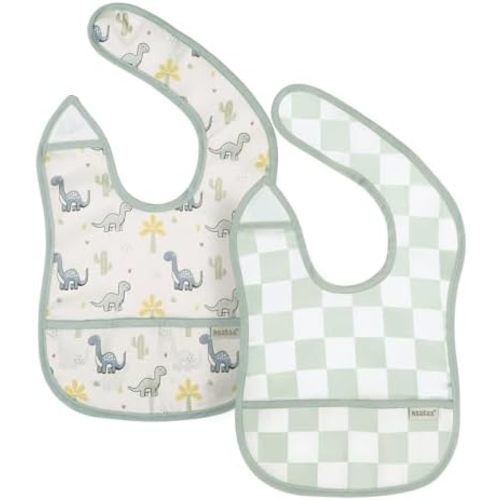 haakaa Waterproof Baby Bibs for Eating, Soft & Lightweight Toddler Bibs with Food Pocket, Easy Wipe Clean, Ages 6–24M, 2 Pack