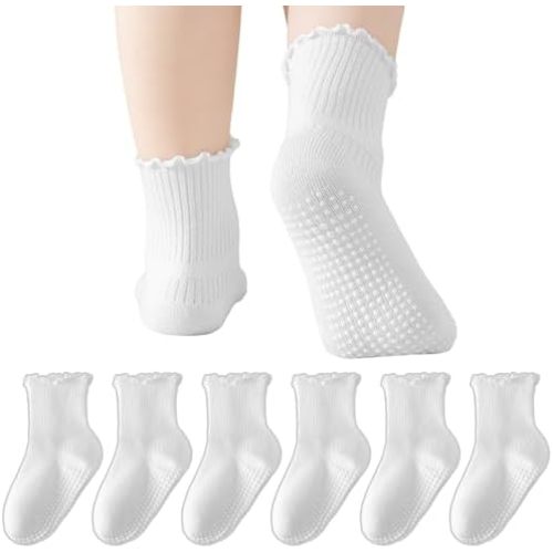BISOUSOX Toddler Ruffle Socks for Girls, Baby Girl Grip White Frilly Grippy Non Slip Sock with Grips 0-6-12 Months 1-5T