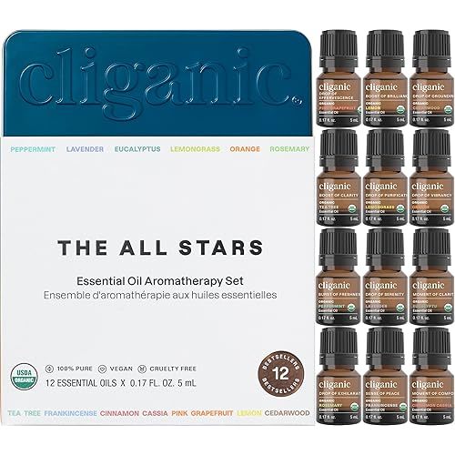 Cliganic Organic Aromatherapy TOP 12 Essential Oils Set, 100% Pure - Peppermint, Lavender, Eucalyptus, Tea Tree, Lemongrass, Rosemary, Frankincense, Orange, Lemon, Cassia, Cedarwood & Grapefruit