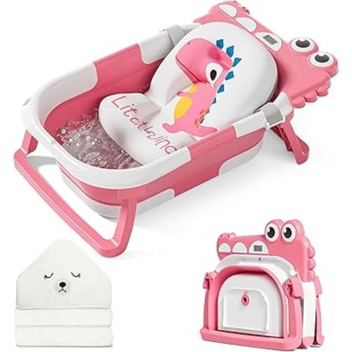 MoreFeel Collapsible Baby Bathtub for Newborn with Thermometer & 1 Hooded Towel & 1 Soft Floating Cushion,Portable Travel Bathtub with Drain Hole, Durable Foldable Baby Tubs for Infants to Toddler