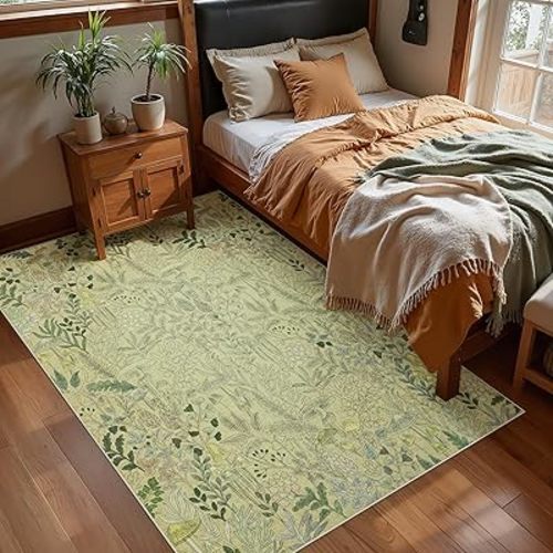 Joydeco Mushroom 5x7 Area Rug for Bedroom, Washable Rugs for Living Room Non Slip, Boho Floral Botanical Ultra-Thin Soft Indoor Floor Throw Carpet for Dining Home Office Nursery, Light Green Beige