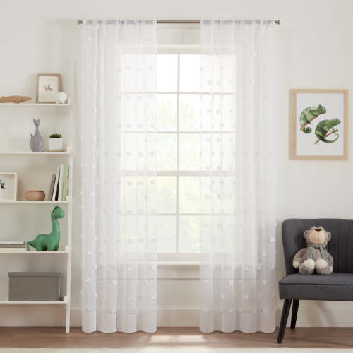 Your Zone Clipped Pom Sheer Single Curtain Panel, Artic White, 38"W x 84"L