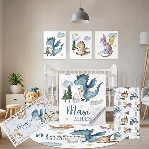 Terwex Custom Baby Crib Bedding Set, 5 Pcs Personalized Name Baby Crib Sets for Infant Toddler, Blue Dinosaur Nursery Bedding Set for Baby Boy, Double Layer Baby Bedding Sets Customized Gifts