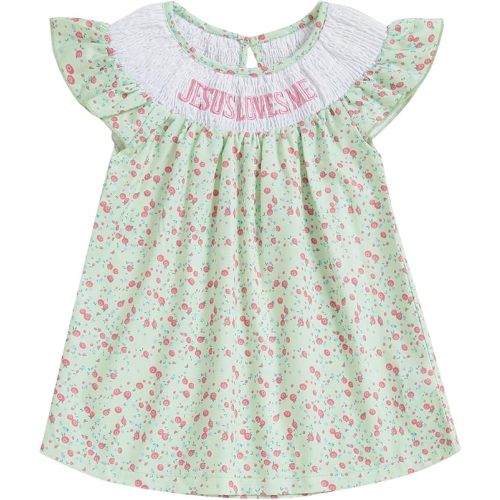 KMBANGI Toddler Baby Girl Christian Outfit Jesus Loves Me Dress Ruffle Sleeveless Smocked Dresses Baptism Outfit Princess