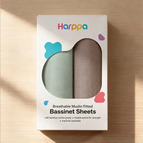 Harppa Muslin Bassinet Sheets 2 Pack, Fitted Viscose Bamboo Cotton Sheets for Cuddly Mattresses - Willow & Cocoa