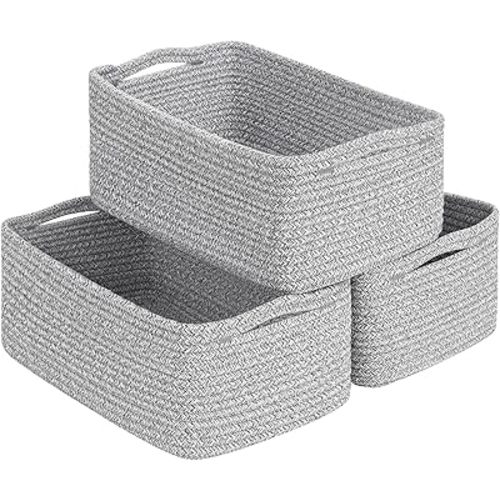Goodpick Storage Baskets, Storage Bins for Shelves Gift Baskets Empty Small Toy Baskets Baby Rope Basket Woven Basket for Towels for Decor 3 Pack, White & Gray, 13 x 8 x 5 in
