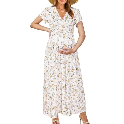 OUGES Maternity Maxi Dress V Neck Baby Wrap Summer Shower Pregnancy Dresses for Photoshoot 2025