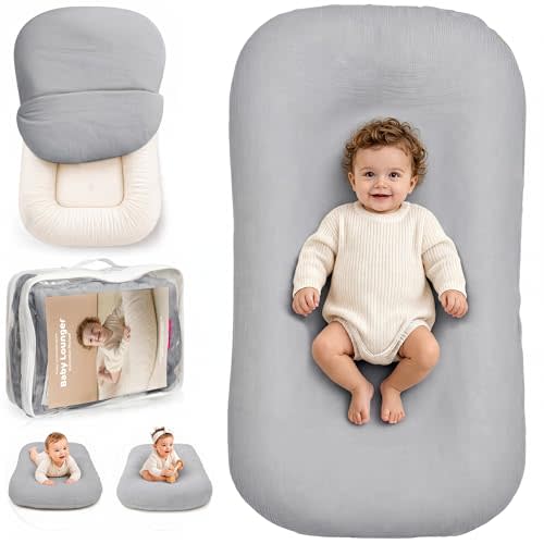 Baby Lounger, Infant Support Cushion for Newborn 0-24 Months | Baby Nest, Removable Stone Cover, Soft Cotton, Home and Travel, Portable Tummy Time Mat, Supervised Play, Baby Registry Gift