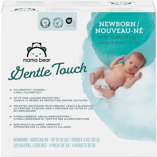 Amazon Brand - Mama Bear Gentle Touch Diapers, Hypoallergenic with Leak Protection, Size Newborn, 120 Count (4 packs of 30)