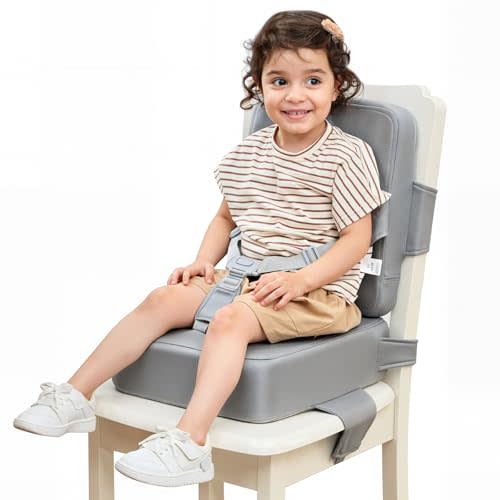 HOMEAL Booster Seat for Kitchen Chair - Compact Toddler Dining Seat | Easy-Install Straps & Wipeable Surface - Breathable Fabric Booster Seat for Table - Light Gray